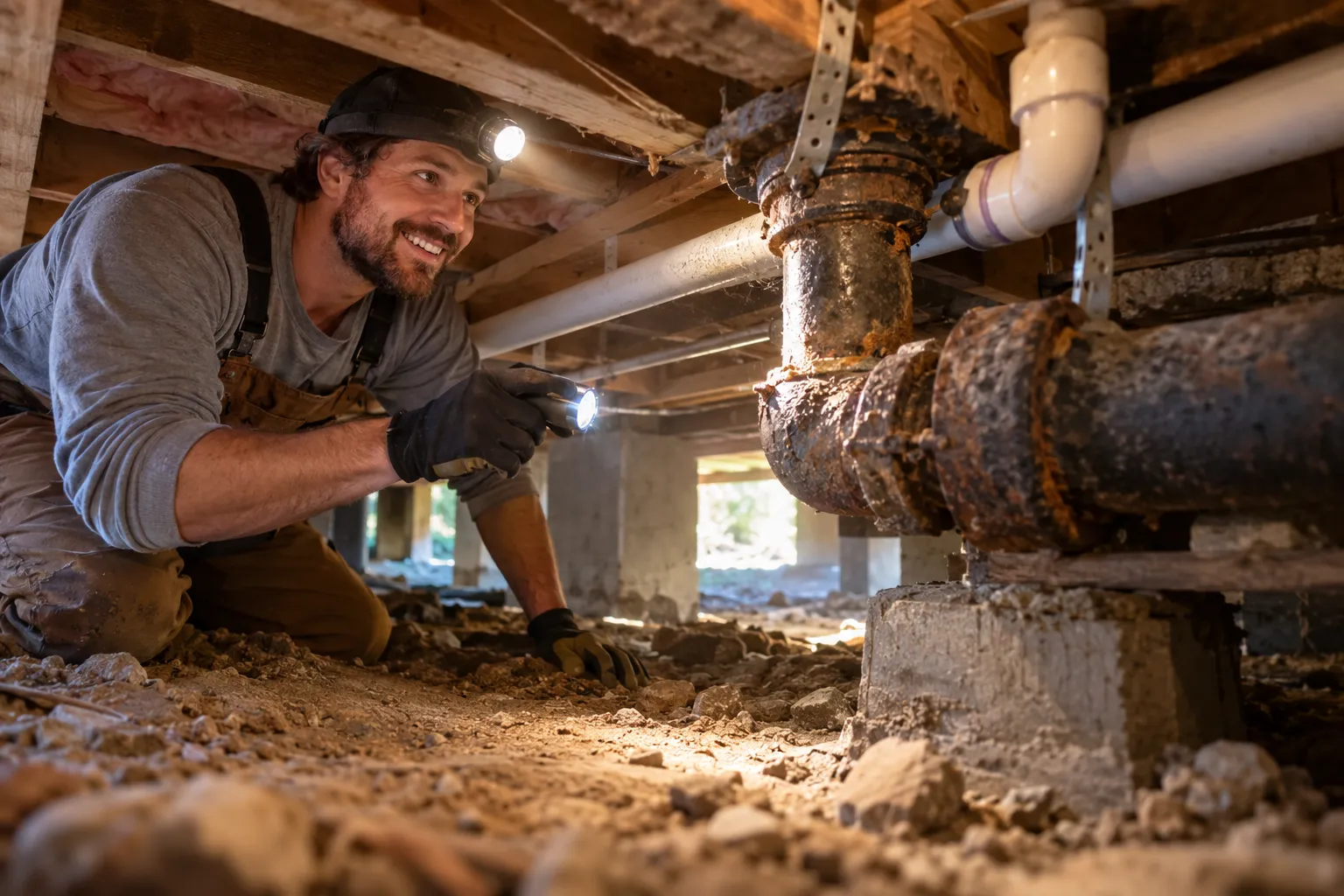 A provider checking an older pipe in a crawl space in the San Antonio area