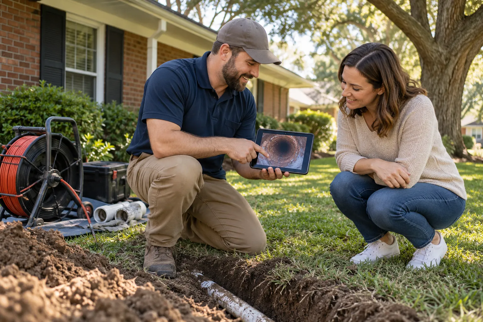 Provider reviewing a sewer camera inspection on a monitor with a homeowner in a yard near San Antonio